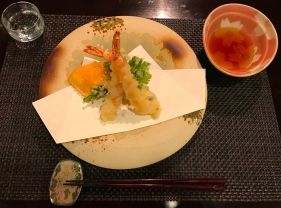 Hotel Hakuba Hifumi dinner fourth course tempura shrimp and veggies